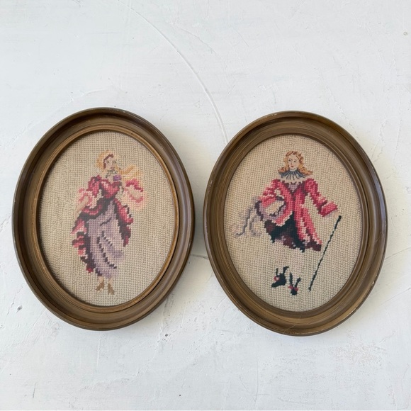 None Other - Vintage Victorian Needleworks Wall Decor Cross Stitch Embroidery Set of 2